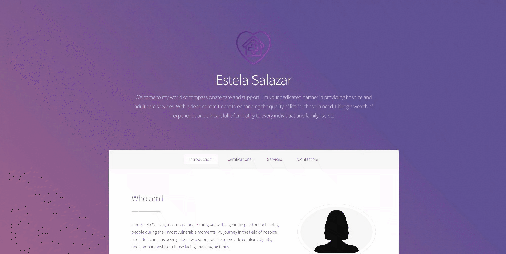 Preview of to Care Giver's website advertising her services.